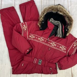Vintage Bogner One-Piece Embroidered Ski Suit Fur Trimmed Hood Burgundy Sz 10